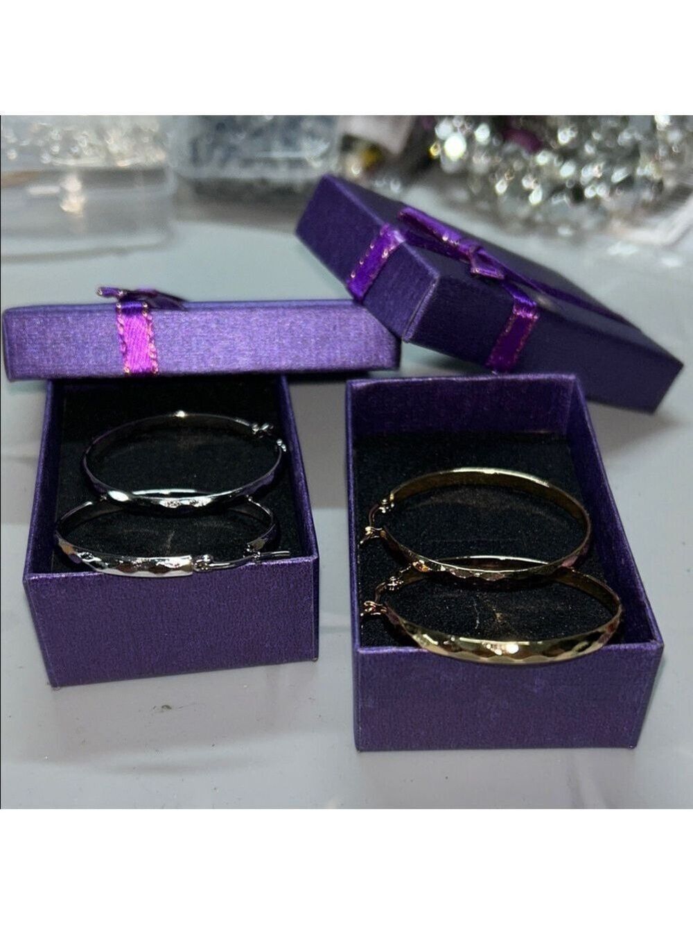Elegant Stainless Steel Diamond Etched 1.5" Hoop Gold and Silver Tone Set w/Box